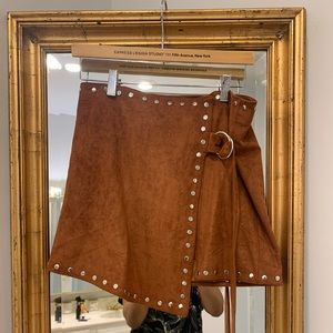 Brown Suede Studded Wrap Skirt